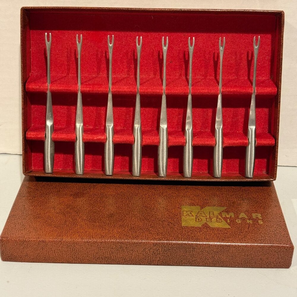 Vintage MCM Kalmar Designs Cocktail Fork Set of 8 Brushed Stainless Steel Italy